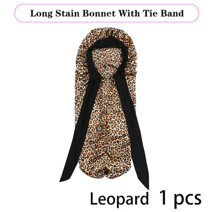 Leopard Print Satin Sleep Cap For Long Hair And Dreadlock Extra Large Silky Bonnet With Long Wide Tie For Women Sleeping Bonnet