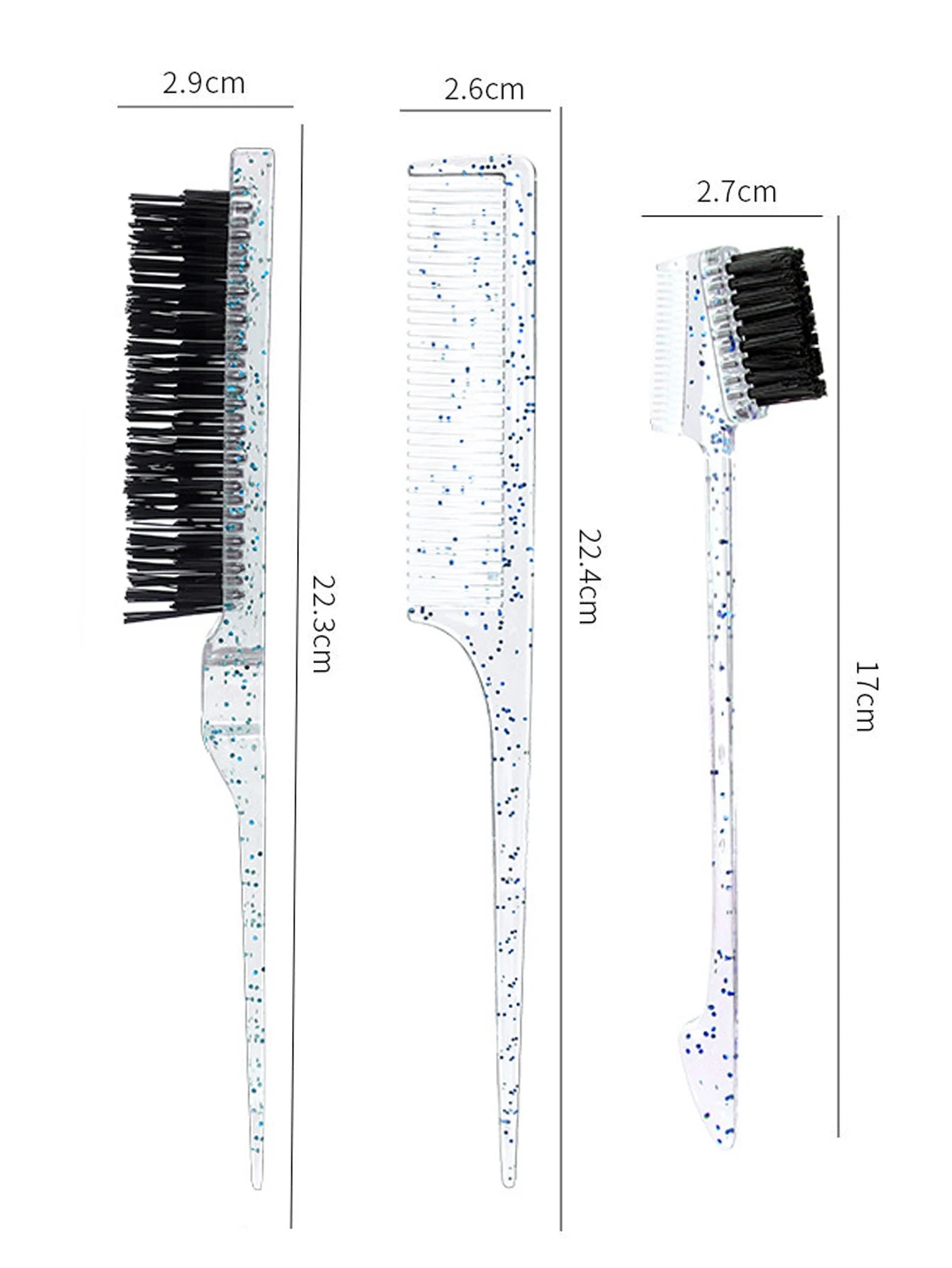 3-piece transparent comb set with double-sided edge control brush  tear brush and pointed tail comb Special for real hair wigs