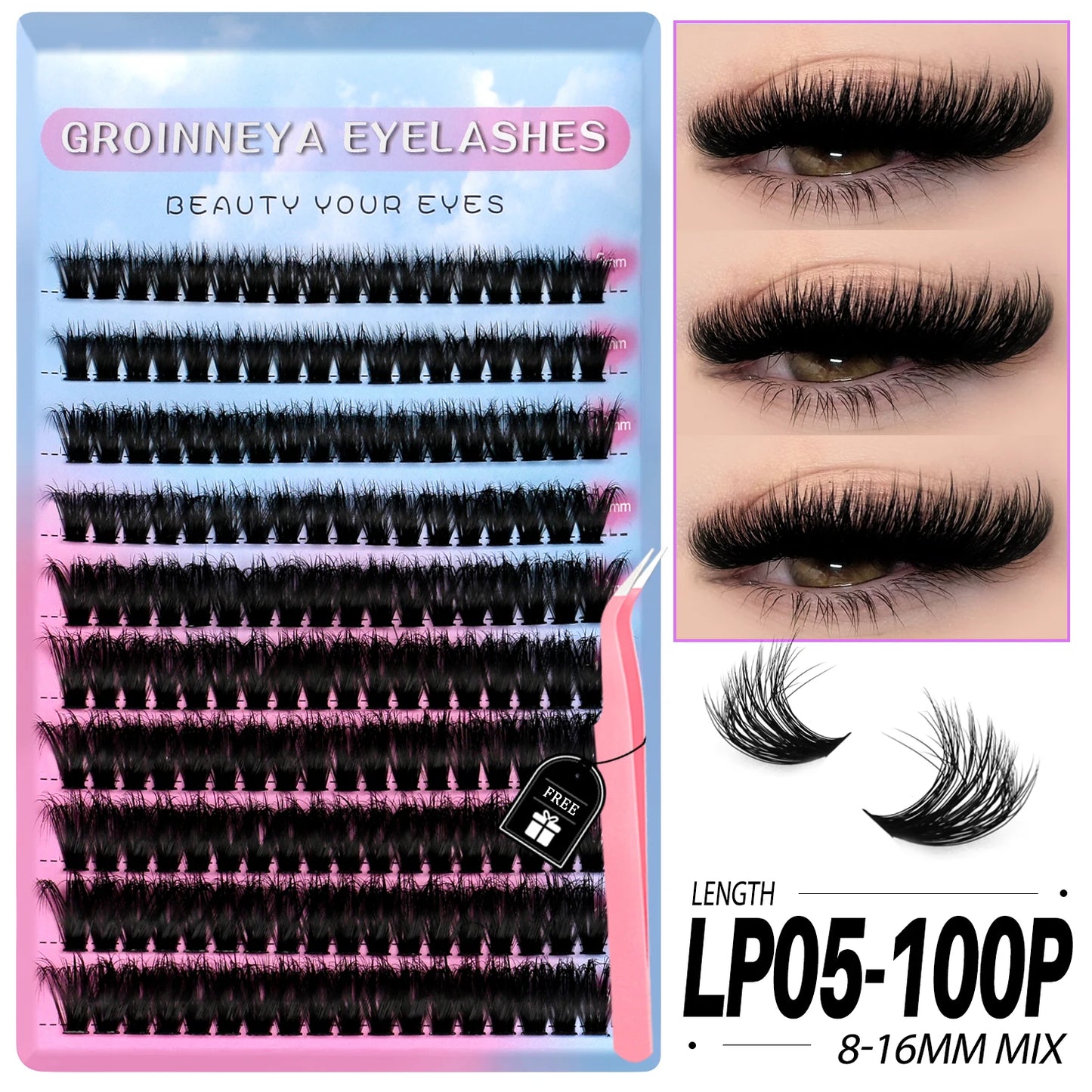 GROINNEYA Lashes Clusters Kit Mixed Individual Lashes Fluffy Faux Mink Lashes Soft Natural DIY Lashes Extension Set Makeup