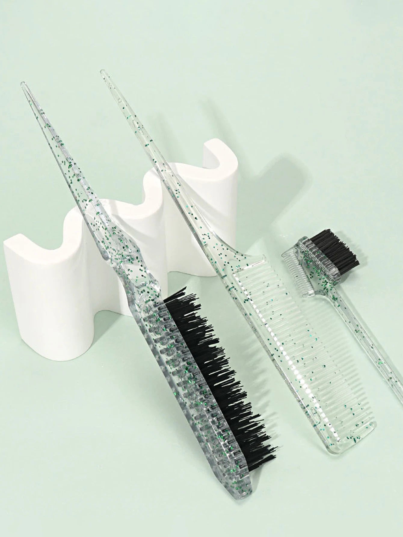 3-piece transparent comb set with double-sided edge control brush  tear brush and pointed tail comb Special for real hair wigs