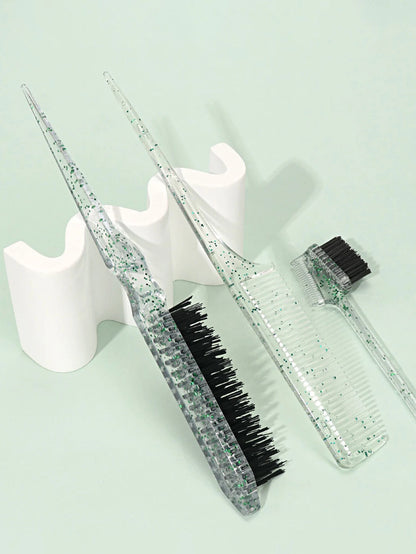 3-piece transparent comb set with double-sided edge control brush  tear brush and pointed tail comb Special for real hair wigs
