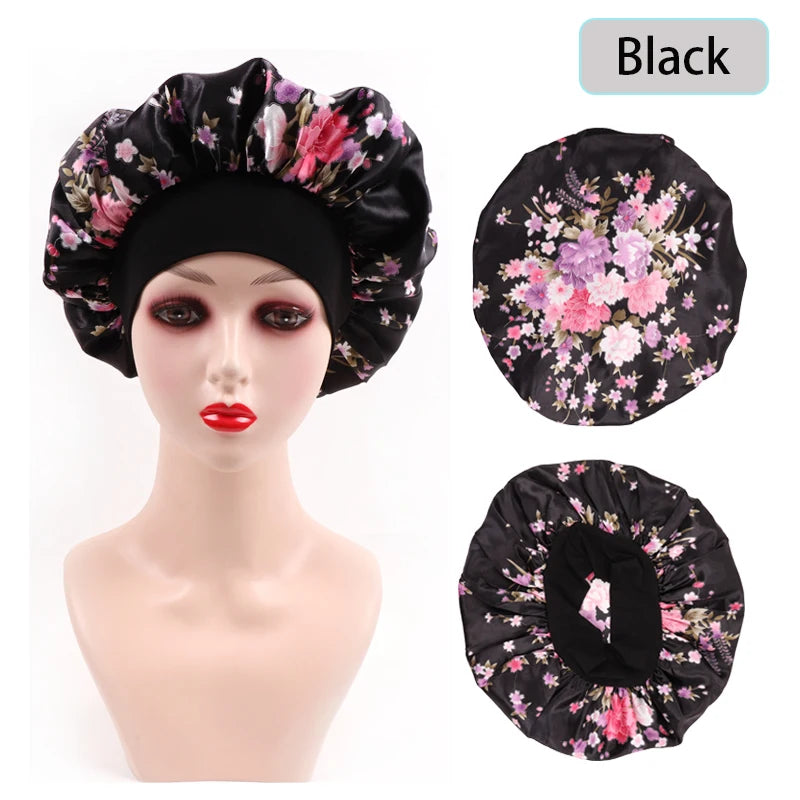 2Pcs Large Print Satin Bonnet With Stretchy Headwrap For Curly Hair Smooth Women Hair Cover Hair Wrap Cap Silk Scarf Sleep Hat