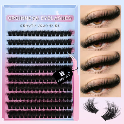 GROINNEYA Lashes Clusters Kit Mixed Individual Lashes Fluffy Faux Mink Lashes Soft Natural DIY Lashes Extension Set Makeup